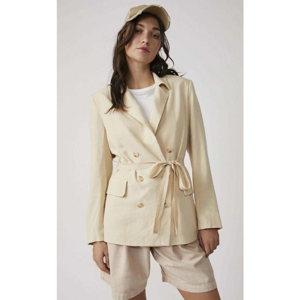 Free People OLIVIA Double Breast Belted Linen Blend Blazer in Pebble S NWT $168